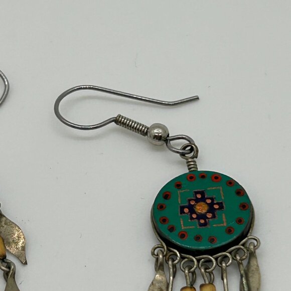 Vintage Southwestern Dangle Earrings Hand Painted Tribal Boho Geometric Fringe - Picture 5 of 13